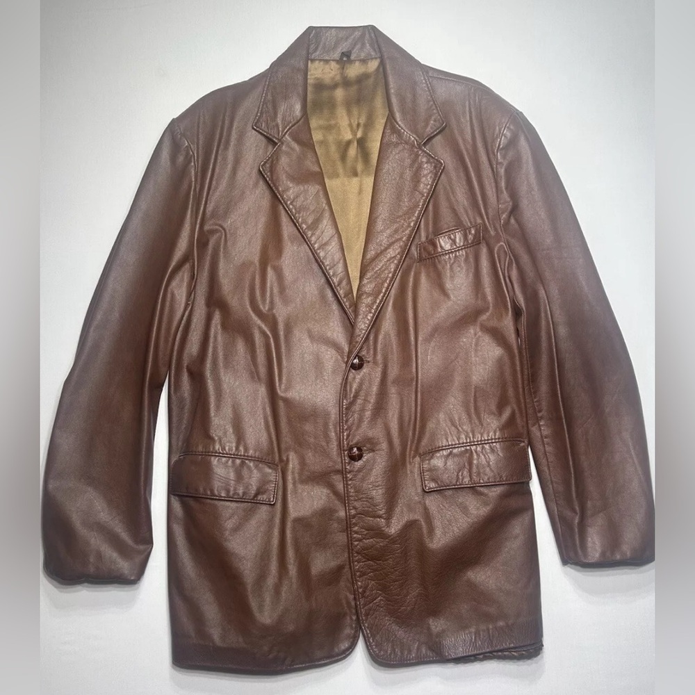 Vintage Hughes & Hatcher Leather Coat Jacket Brown Long Lined Retro 70s 80s